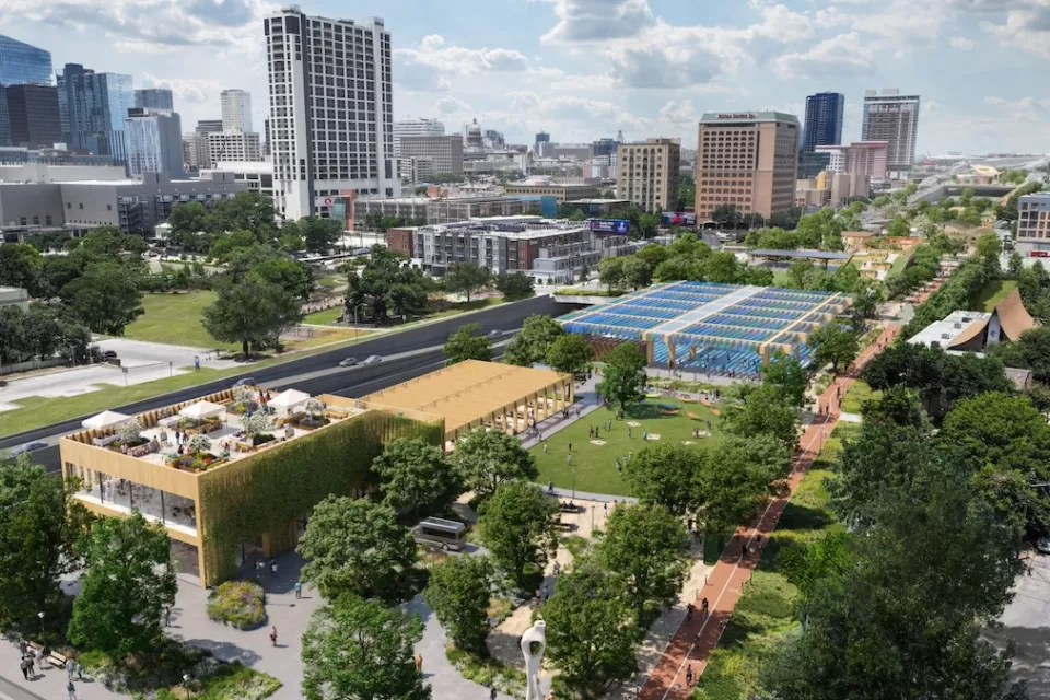 Rendering of Interstate 35 cap park over sunken freeway in Austin, Texas.